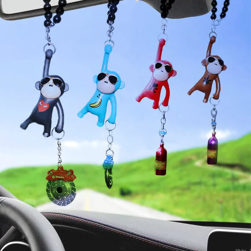 Hip-hop monkey rearview mirror pendant with sunglasses, plastic construction, bead necklace, for car interior decoration