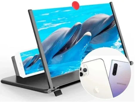 12-inch wood grain screen amplifier folding bracket with acrylic lens on a table