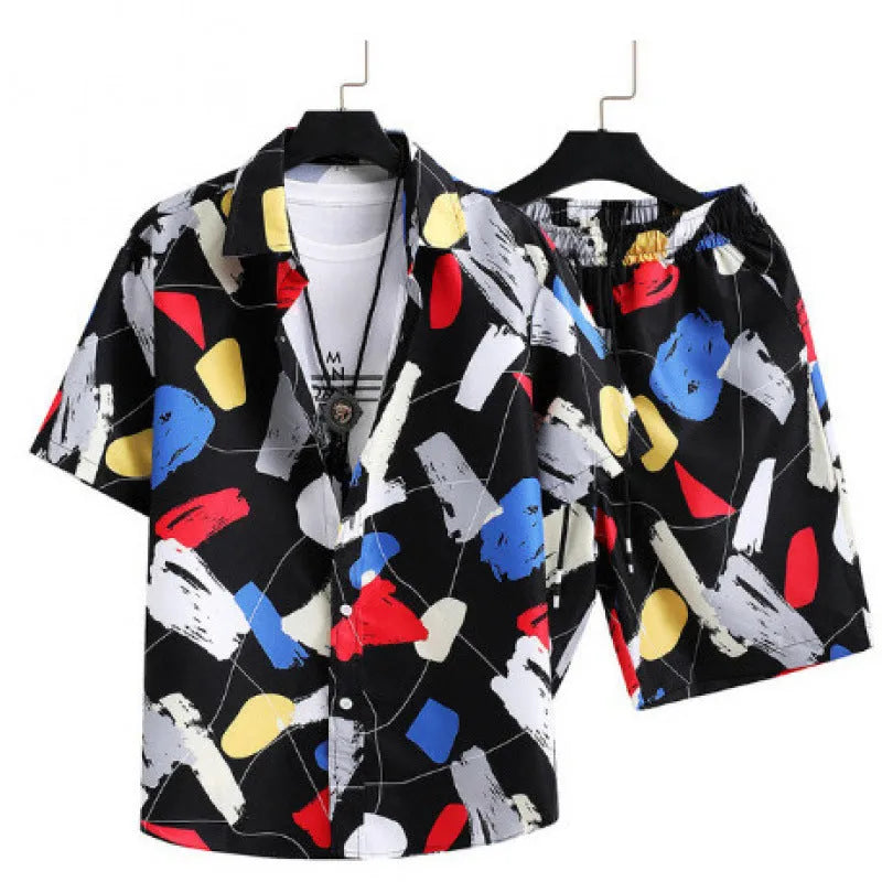 Men's digital print short sleeve cardigan suit with matching shorts in polyester fabric