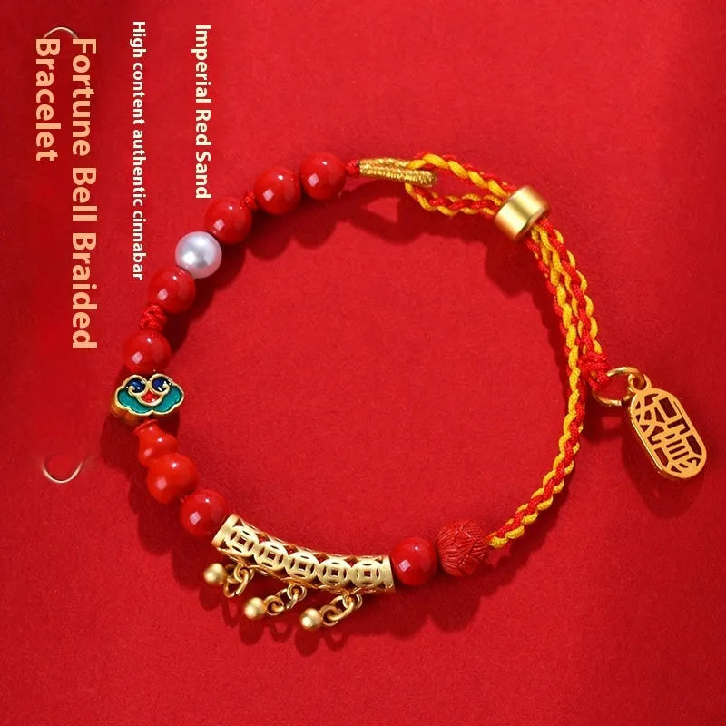 Hand-woven cinnabar red rope bell-bracelet with round geometry national style design