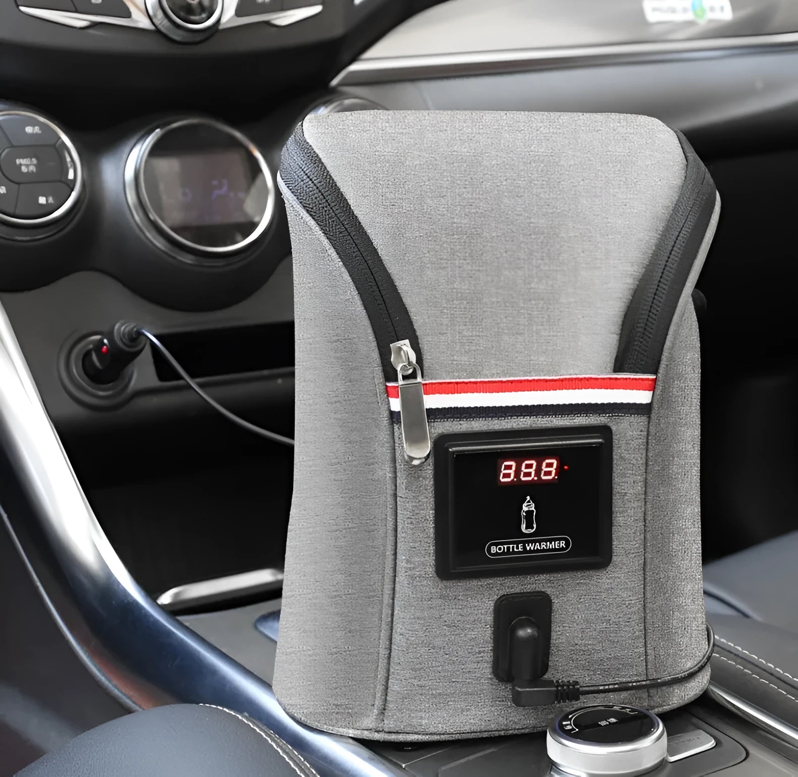 Grey Oxford cloth portable car USB baby bottle warmer showing electronic temperature display and hanging buckle.