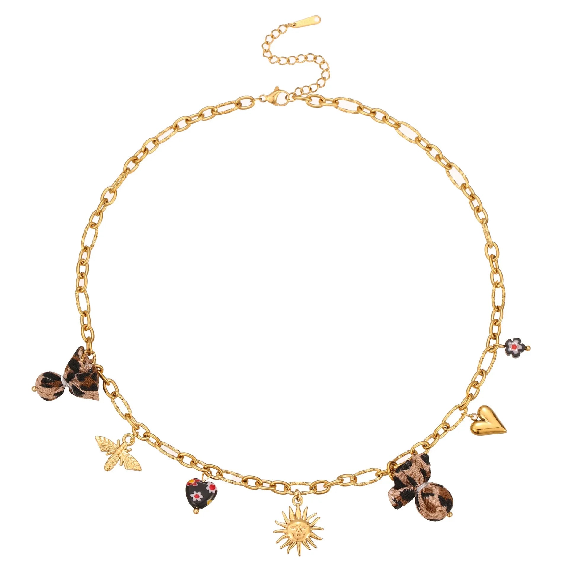 Women's stainless steel necklace with leopard pendant and love heart flowers, 18K gold electroplated geometric design