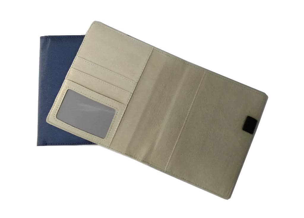 Blue imitation leather PU notebook cover shell for A5 notebooks, showing external pocket.