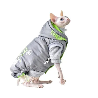 Hairless cat winter coat in Space Grey with windproof TPU polyester outer and cotton insulation, sized for Sphynx or similar breeds