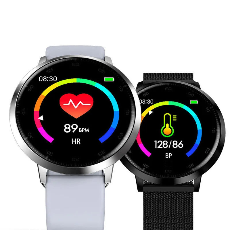 Ultra-thin smart health bracelet in black, golden, or silver with a 45mm body and 1.3-inch colour screen.