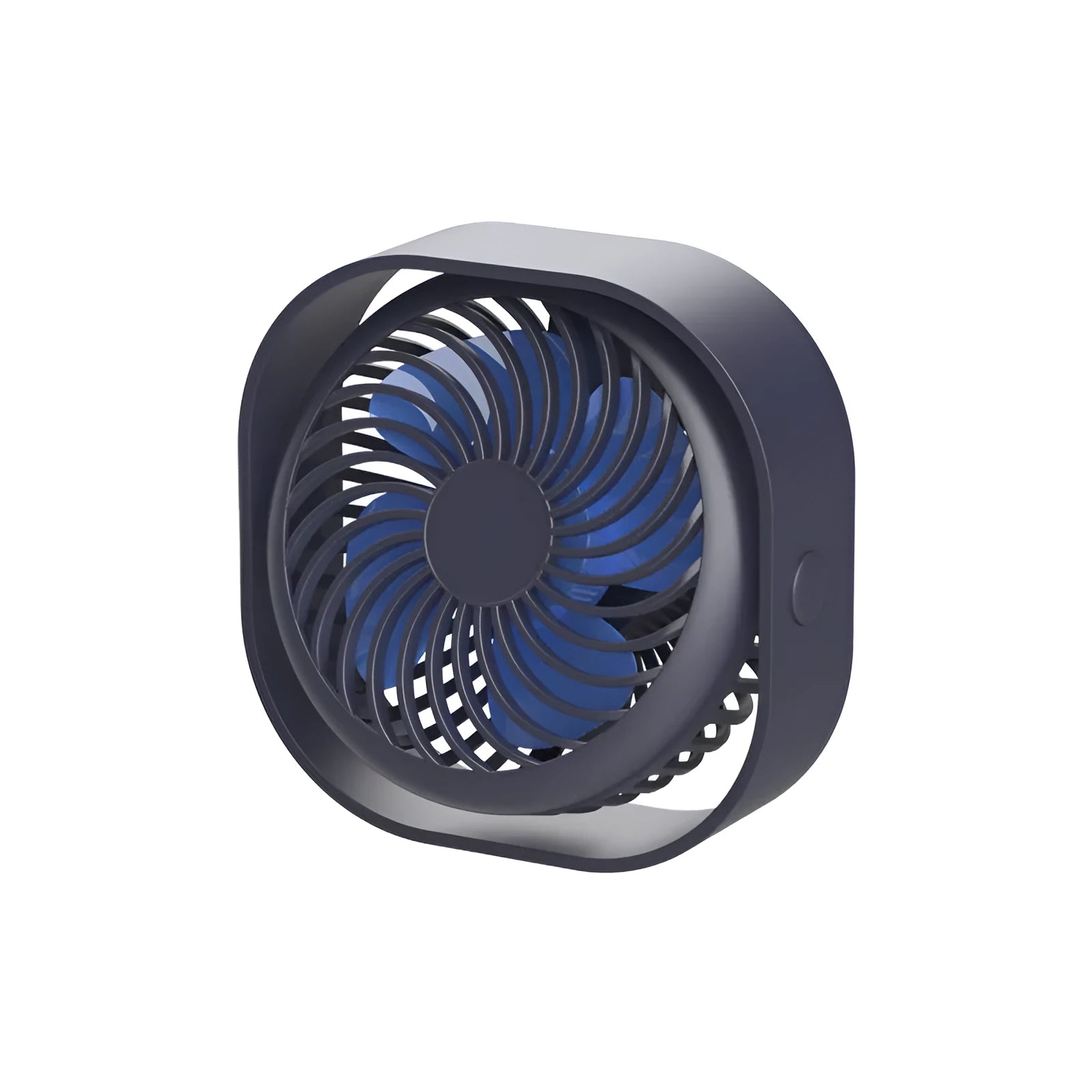 USB desk fan with alarm clock display in modern minimalist design, showing 360-degree rotation.