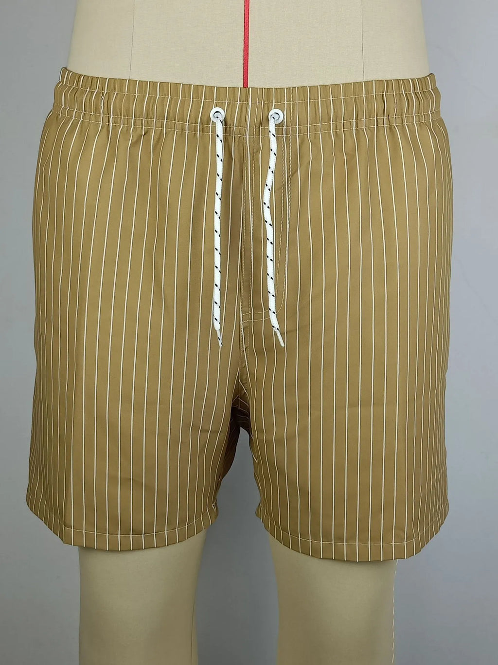 Striped polyester beach shorts with straight leg opening in navy blue grey khaki light blue colours