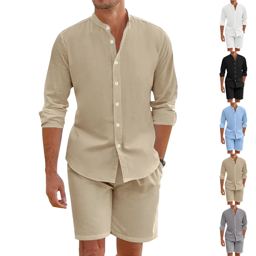 Men's linen-blend summer shirt and shorts set in dark grey with button-down top and drawstring waist shorts
