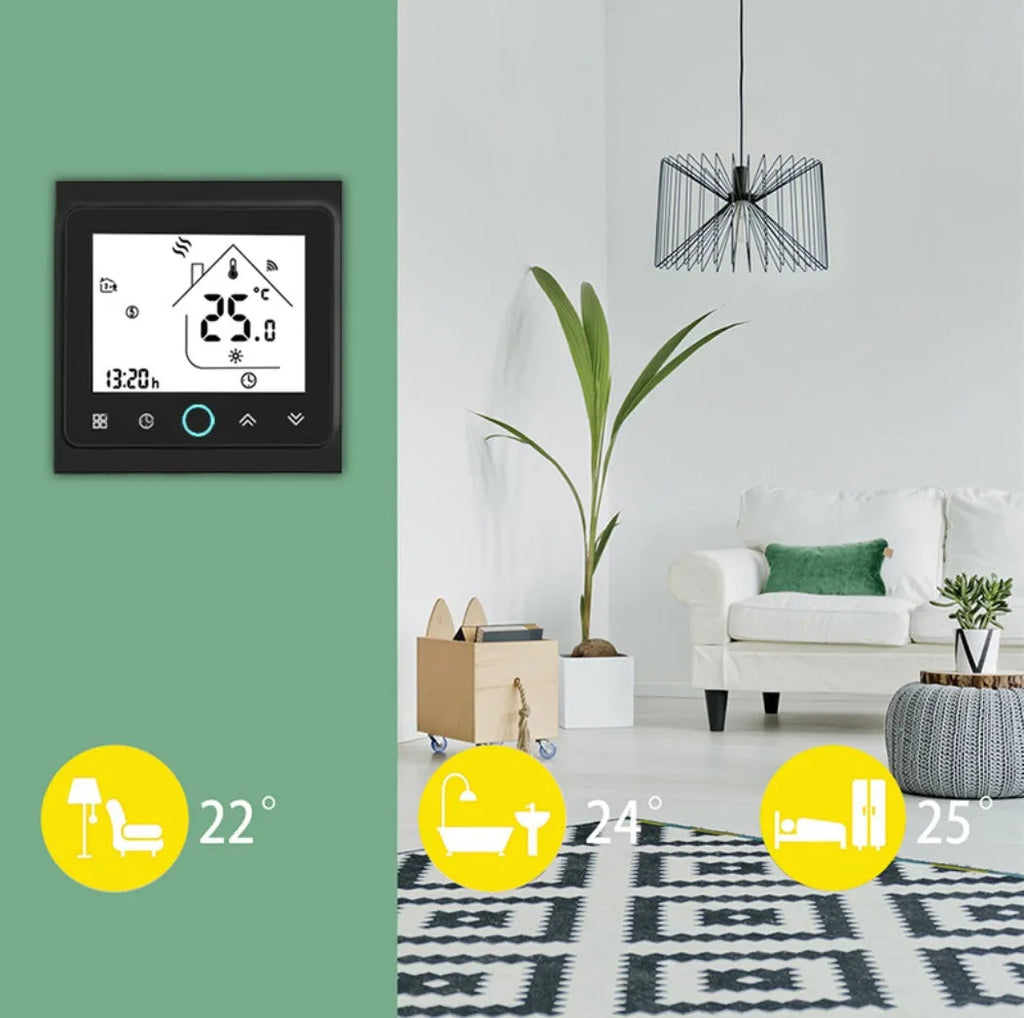 Intelligent central air-conditioning thermostat with capacitive touch buttons, black or white, for 86x86mm mounting