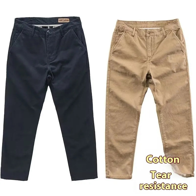 Men's slim washed straight-leg trousers in khaki – cotton-polyester blend with micro elastic weave, side view