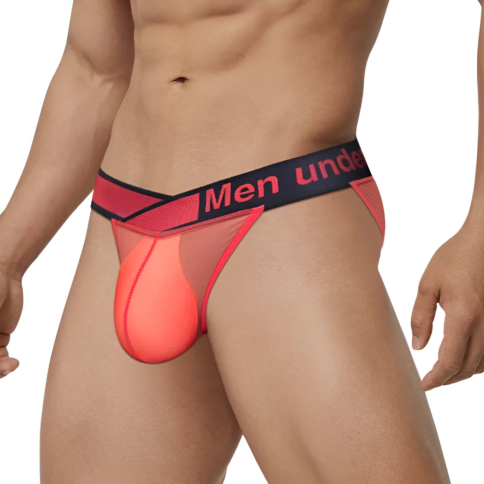 Men's ice silk nylon underwear briefs in a V-cut high leg design on a low waist, shown in red colour.