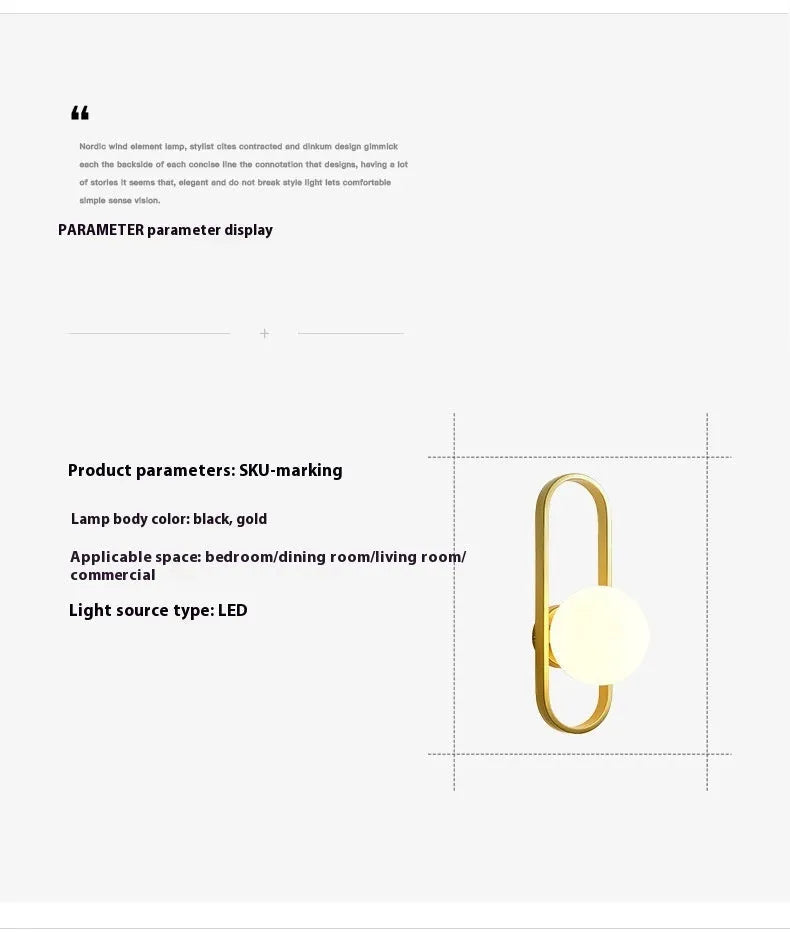 Minimalist modern wall lamp with iron body and glass shade in black or gold finish.