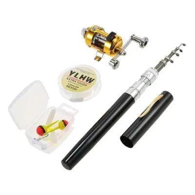 Gold telescopic pocket fishing rod extended next to its ST5RL reel and collapsed in its aluminium pen case.