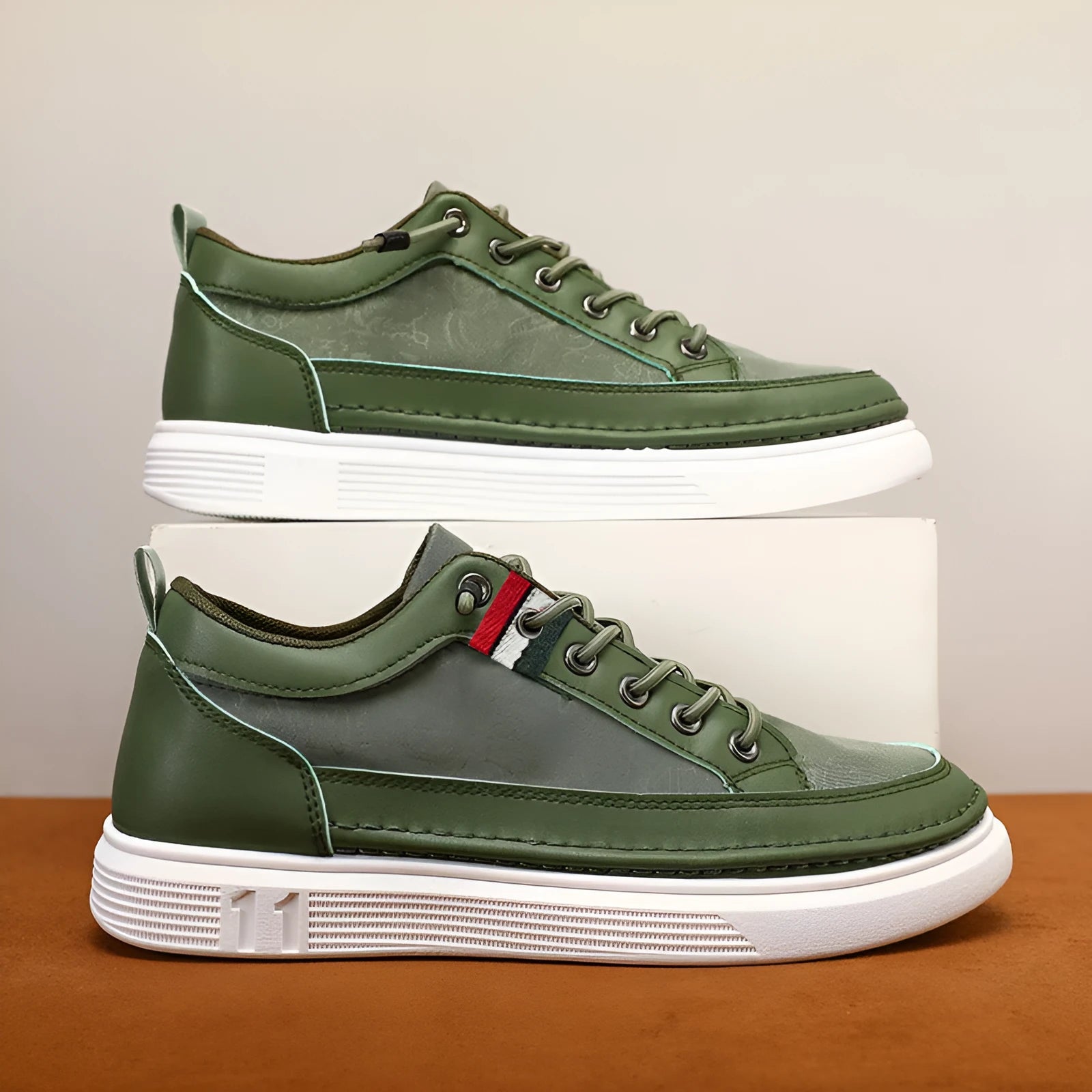 Casual men's high-top sneakers with PU upper and PVC sole, available in black, gray, and green.