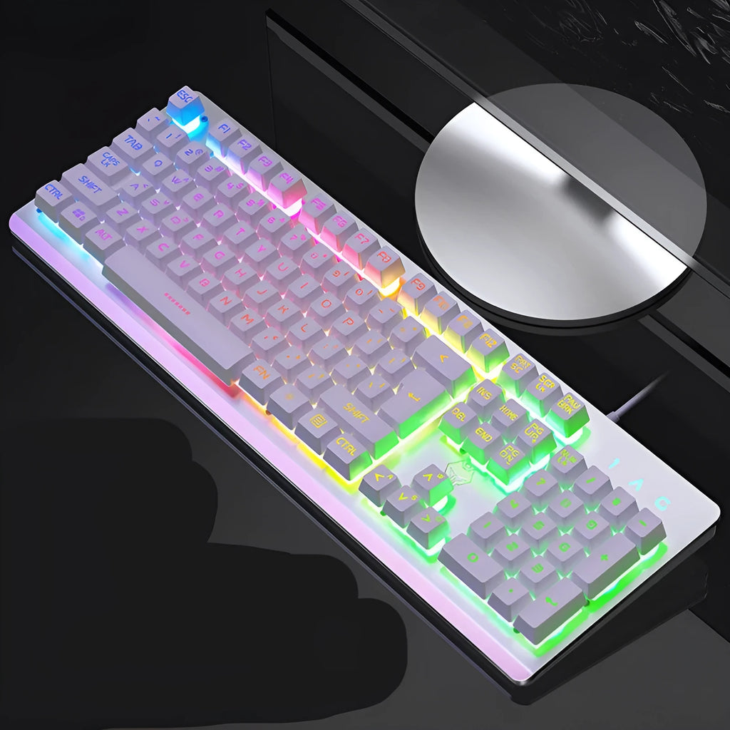 K002 metal-effect wired gaming keyboard with rainbow backlight and 104 keys on a desk