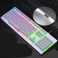 K002 metal-effect wired gaming keyboard with rainbow backlight and 104 keys on a desk