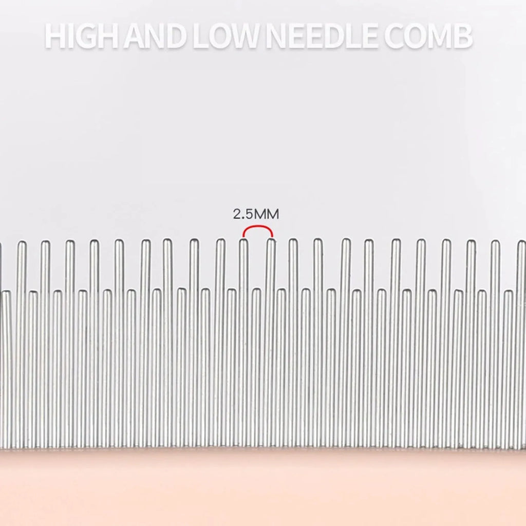 Pet detangler comb with round smooth teeth and rubber handle, available in blue or pink, for cat and dog grooming