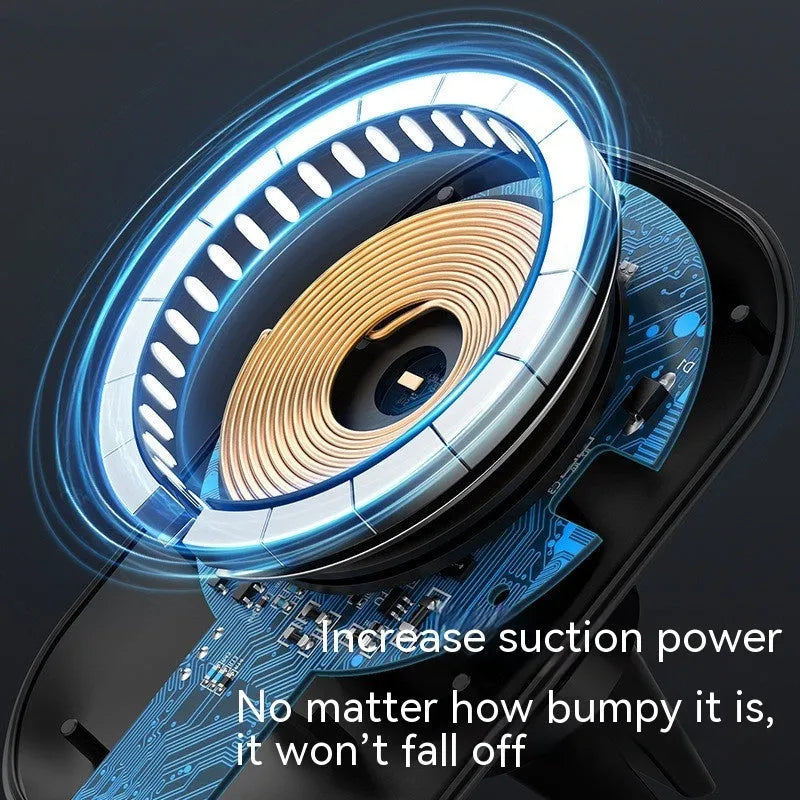 Black magnetic car wireless charger mounted on a car air vent, with a smartphone attached, showing included dashboard base and cable.