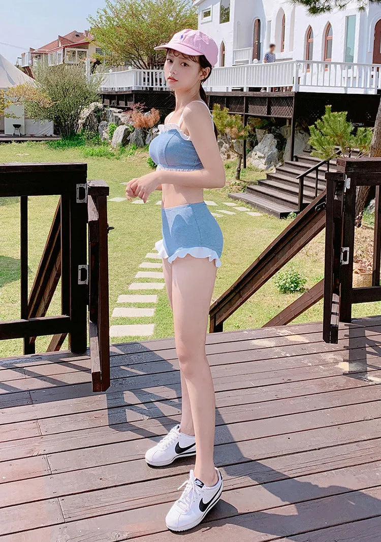 Nylon solid colour fashion suspenders split conservative one-piece swimsuit for women in picture colour