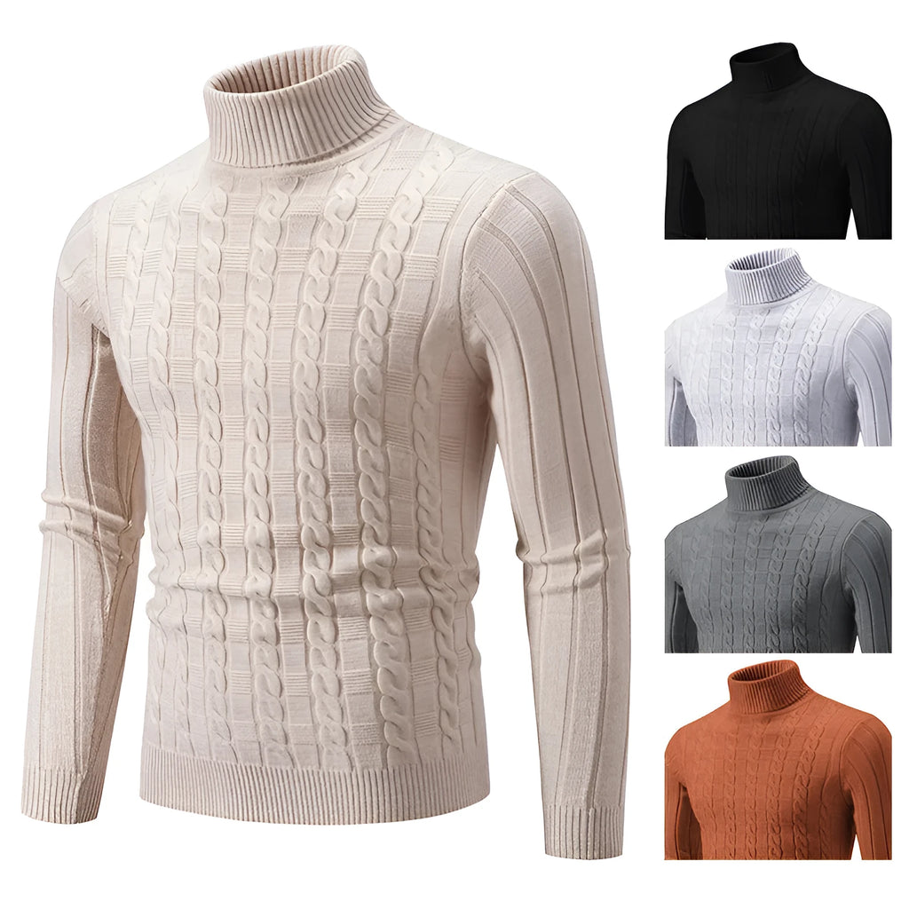 Men's slim fit turtleneck pullover sweater in chenille spandex fabric in neutral colour options