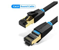 CAT8 shielded ethernet patch cable with RJ45 connectors, shown in flat and round style options.