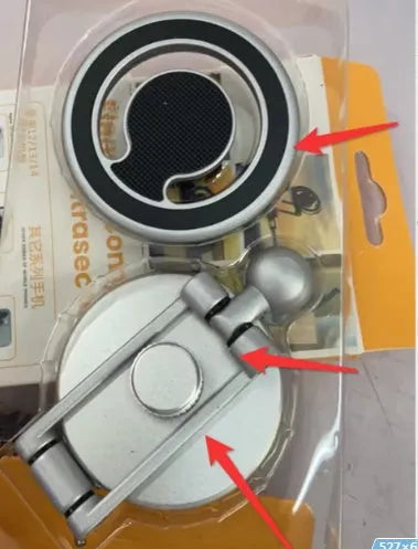 Telescopic folding car phone holder with magnetic mount on a car dashboard.