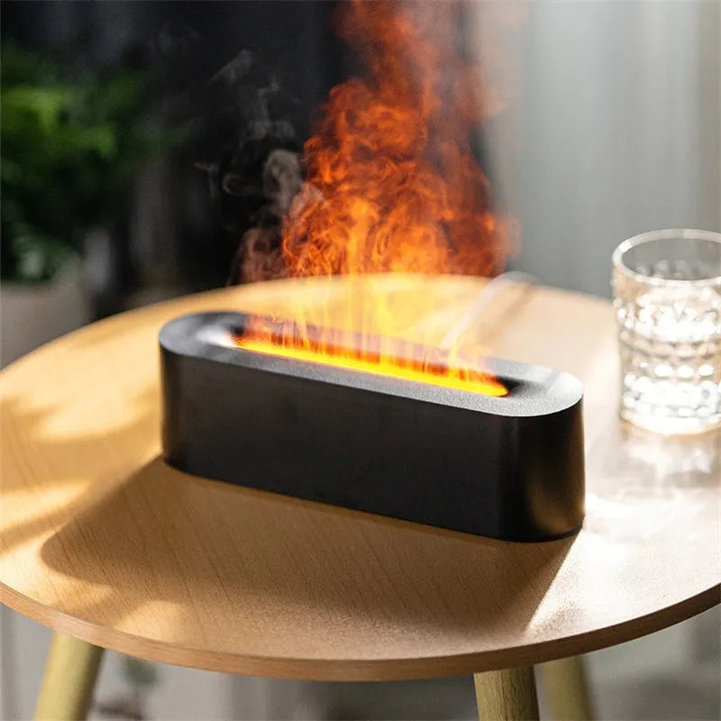 Flame aroma diffuser ultrasonic cool mist humidifier with 7 colour LED and realistic fire effect, square plastic design
