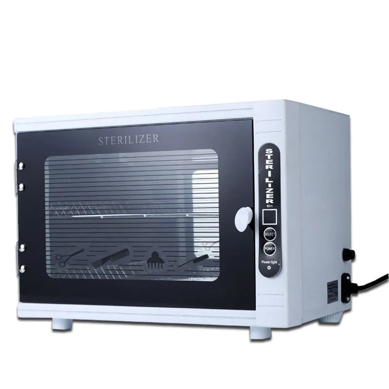Small silver ultraviolet steriliser cabinet with stainless steel interior for salon tools.