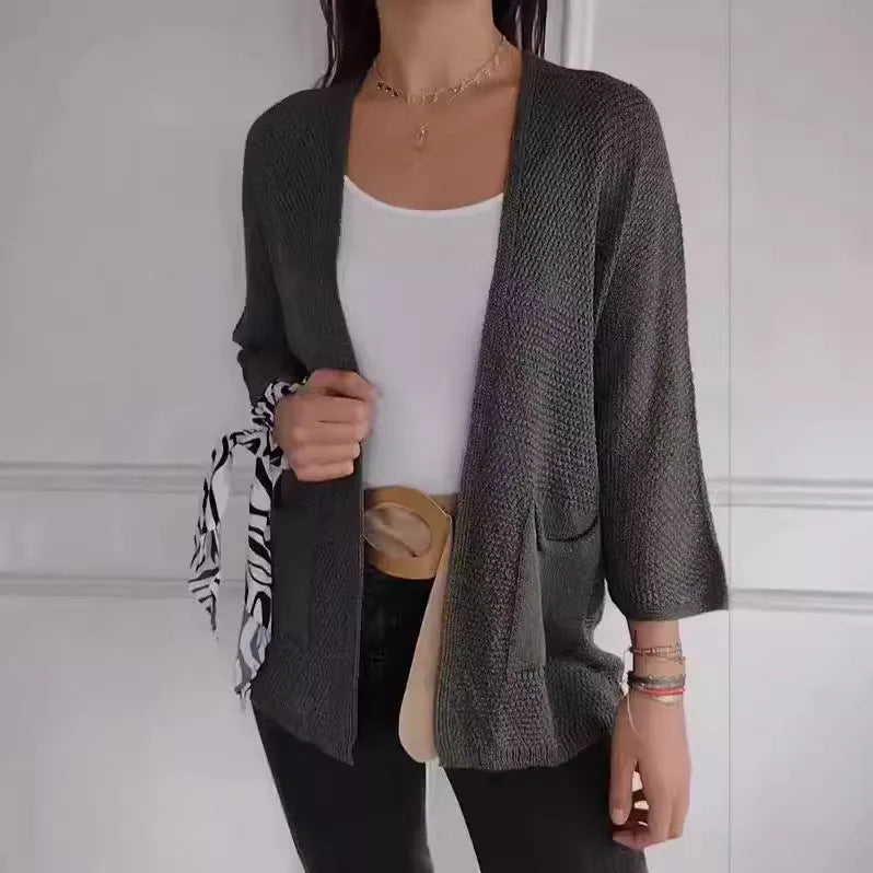 Women's waffle texture cardigan coat in army green with nine-quarter length sleeves and pockets