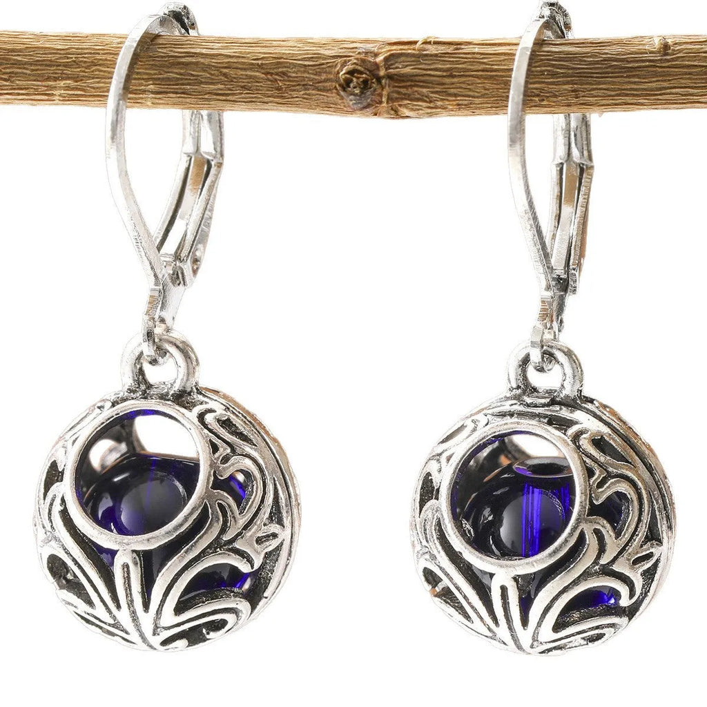 Vintage engraving hollow blue gemstone pendant earrings in silver-tone zinc alloy for women