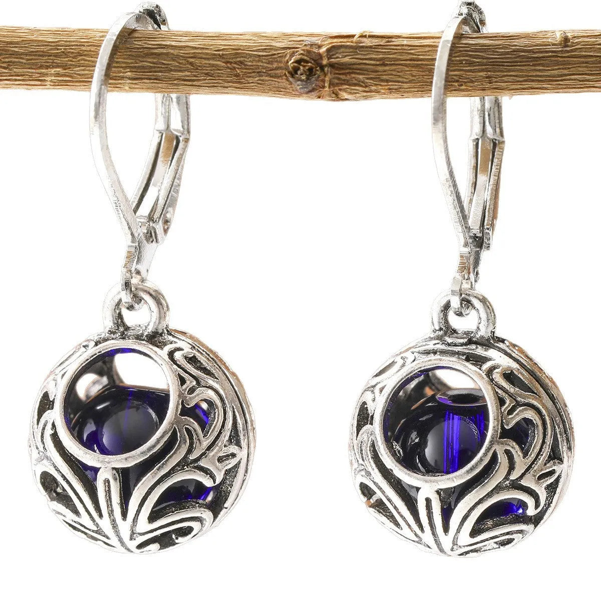 Vintage engraving hollow blue gemstone pendant earrings in silver-tone zinc alloy for women