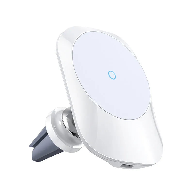 Black magnetic car wireless charger mounted on a car air vent, with a smartphone attached, showing included dashboard base and cable.