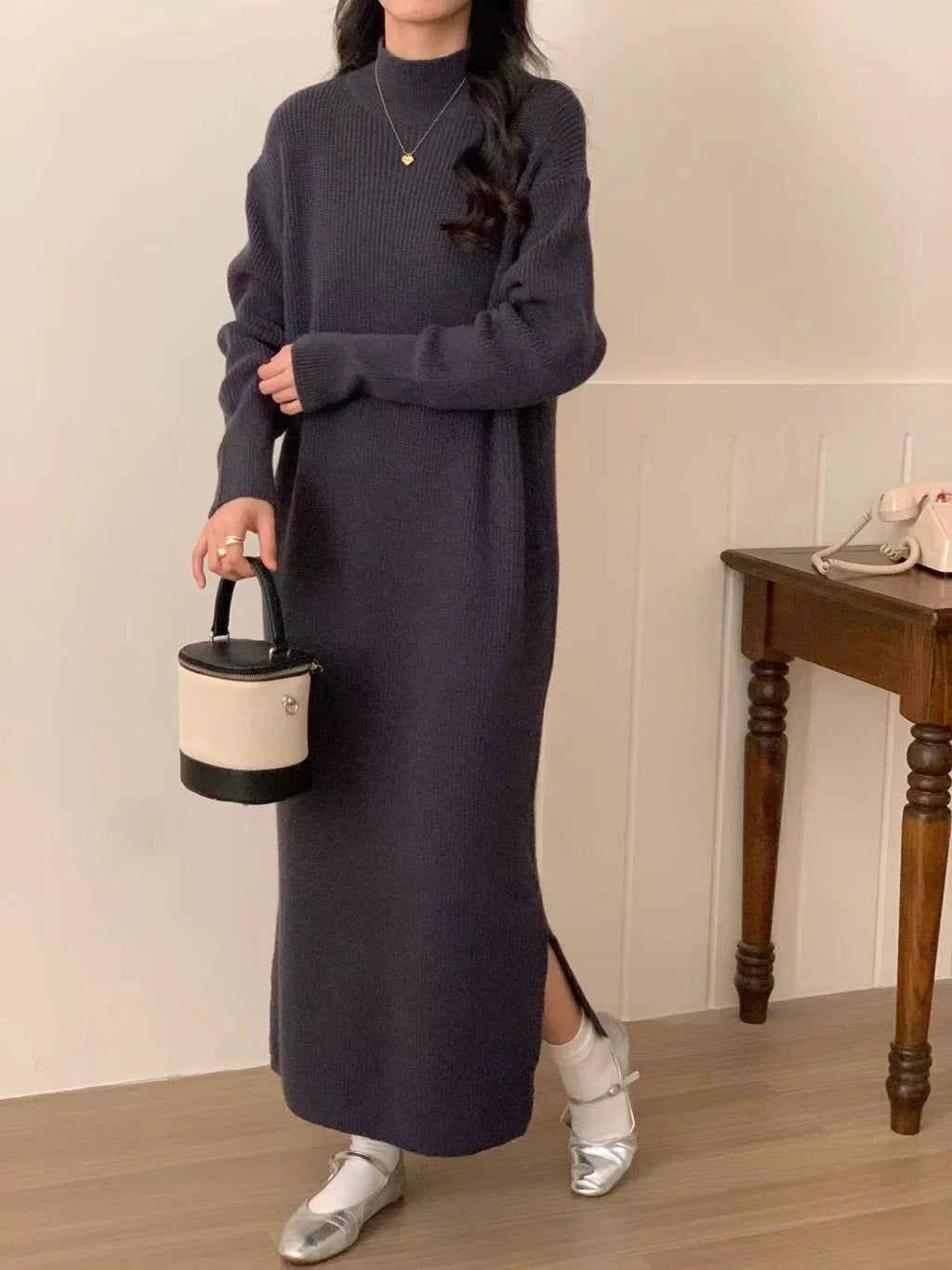 Women's half turtleneck acrylic knit dress in midi length with high waist