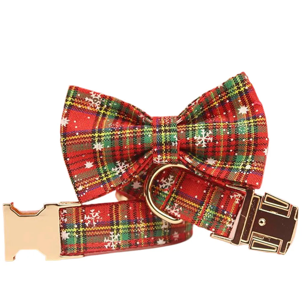 Red snowflake Christmas pet collar set with plaid rope leash and bowknot flowers on cloth vest for small dogs