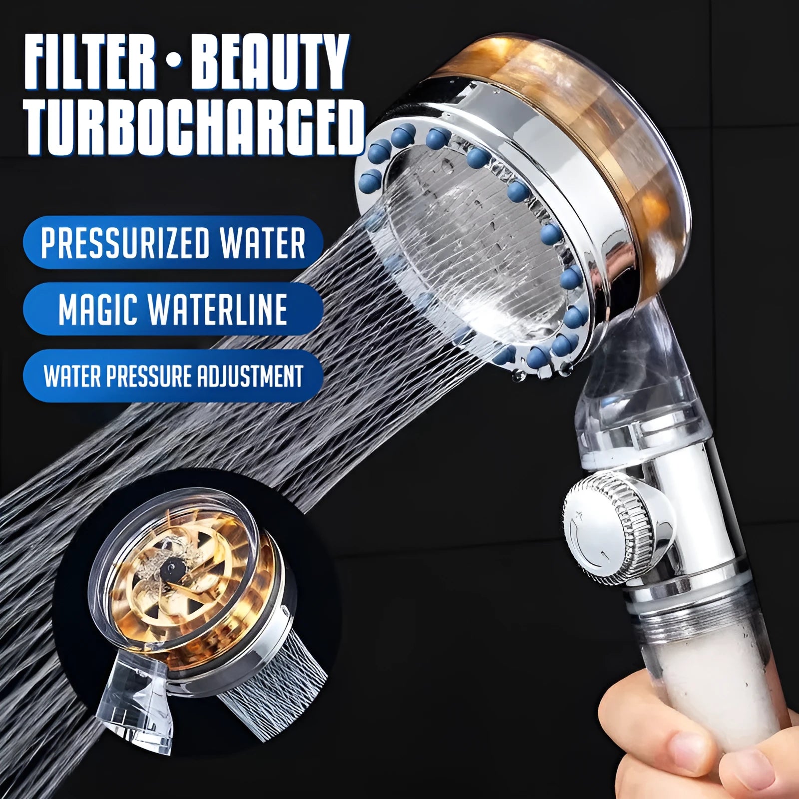 Pressurized turbo shower head with stainless steel panel and one-key stop button for water saving