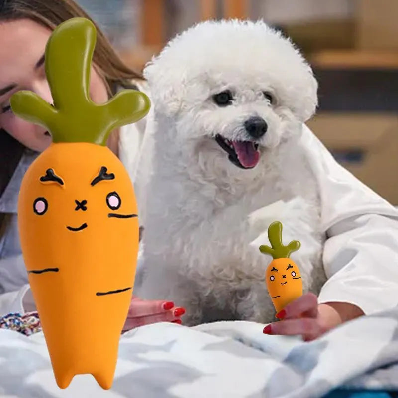 Green cartoon onion-shaped latex dog chew toy on white background