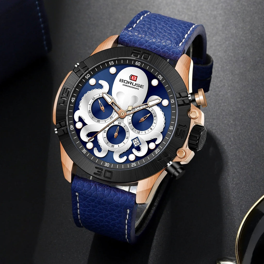 Octopus Men's Waterproof Luminous Quartz Watch Blue Ribbon Blue Surface Casual Style