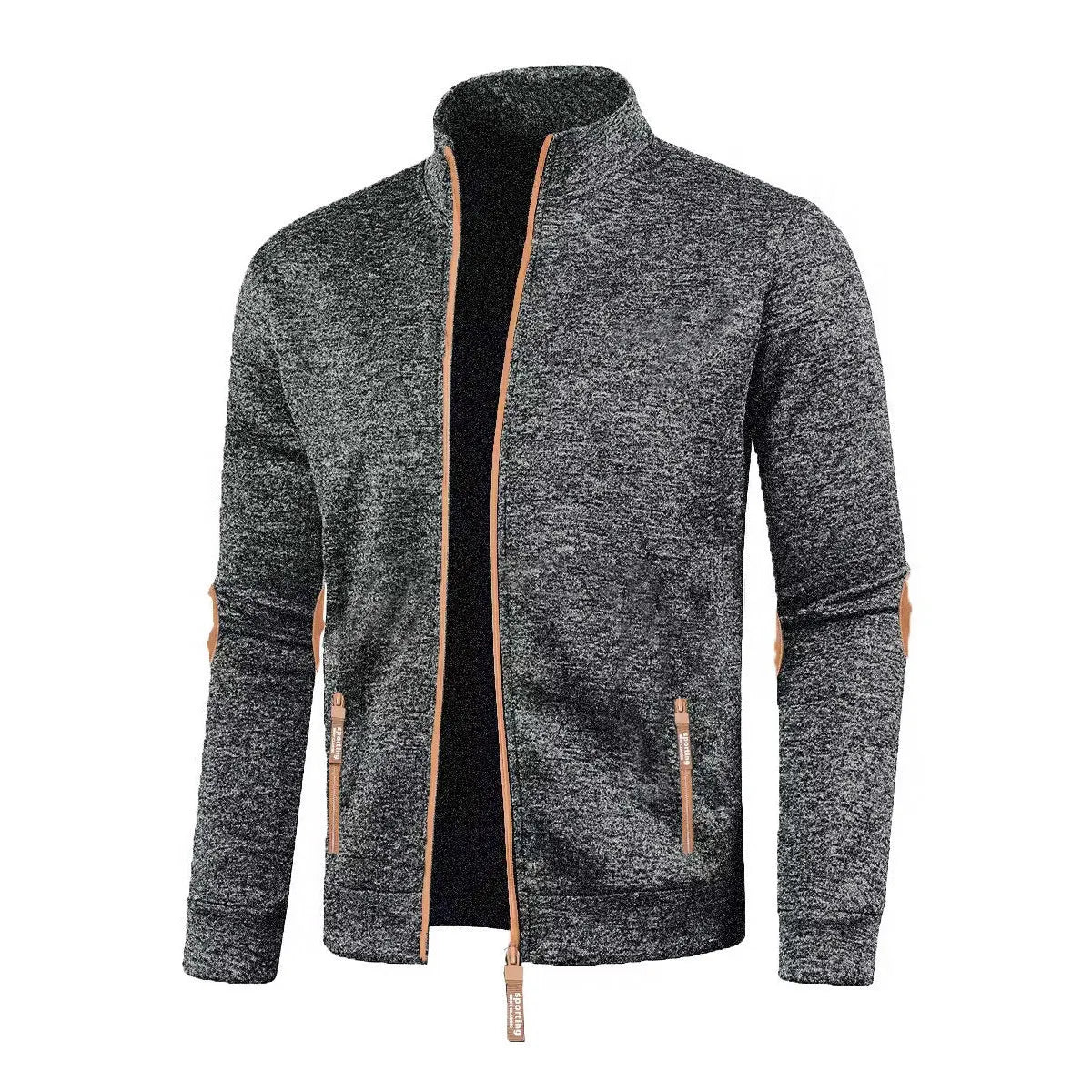 Men's long zipper light fleece cardigan coat in black, plus size, loose fit, long sleeves