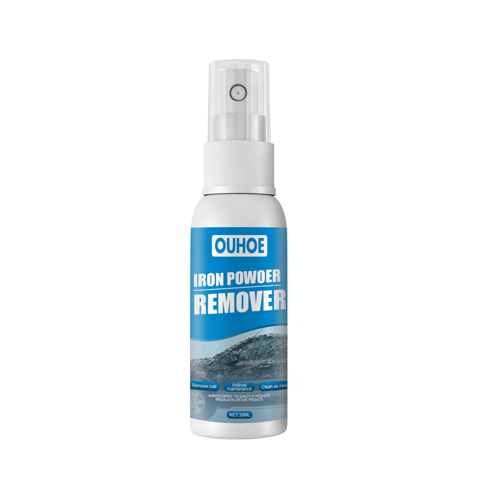 100ml and 30ml car iron powder remover spray bottles with blue square sponge and towel on a car panel.