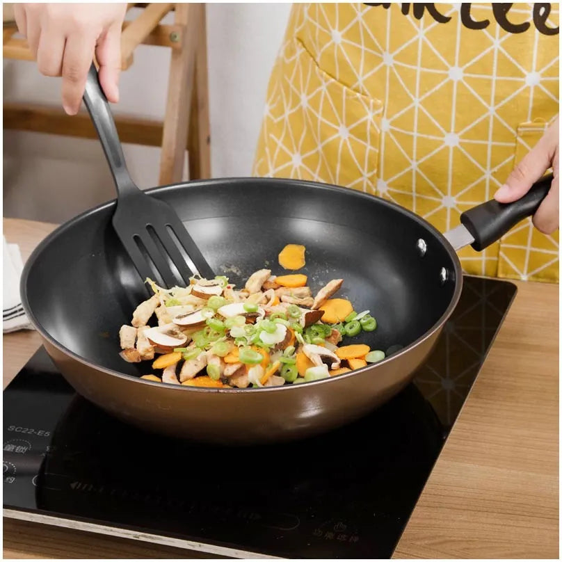 Three-piece cast iron non-stick cookware set with soup pot, milk pot, and wok in light luxury style