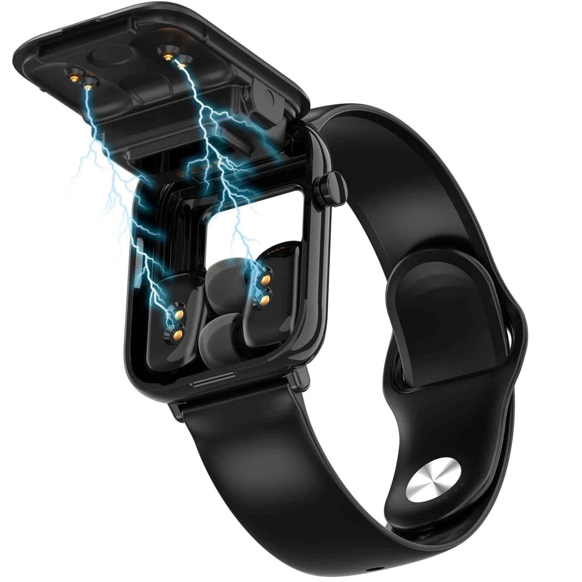 Black zinc alloy smartwatch with 1.69-inch touchscreen next to its magnetic charging case for TWS earbuds.