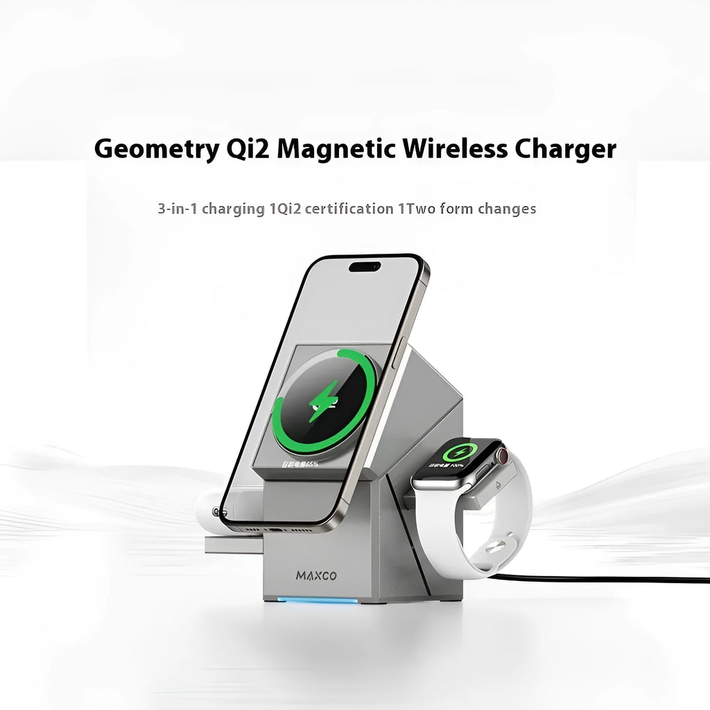 Qi2 magnetic touch rotating 3-in-1 wireless charger silver gray for phone earphones watch