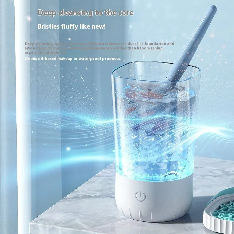 White rechargeable electric makeup brush cleaning station with automatic sanitising function