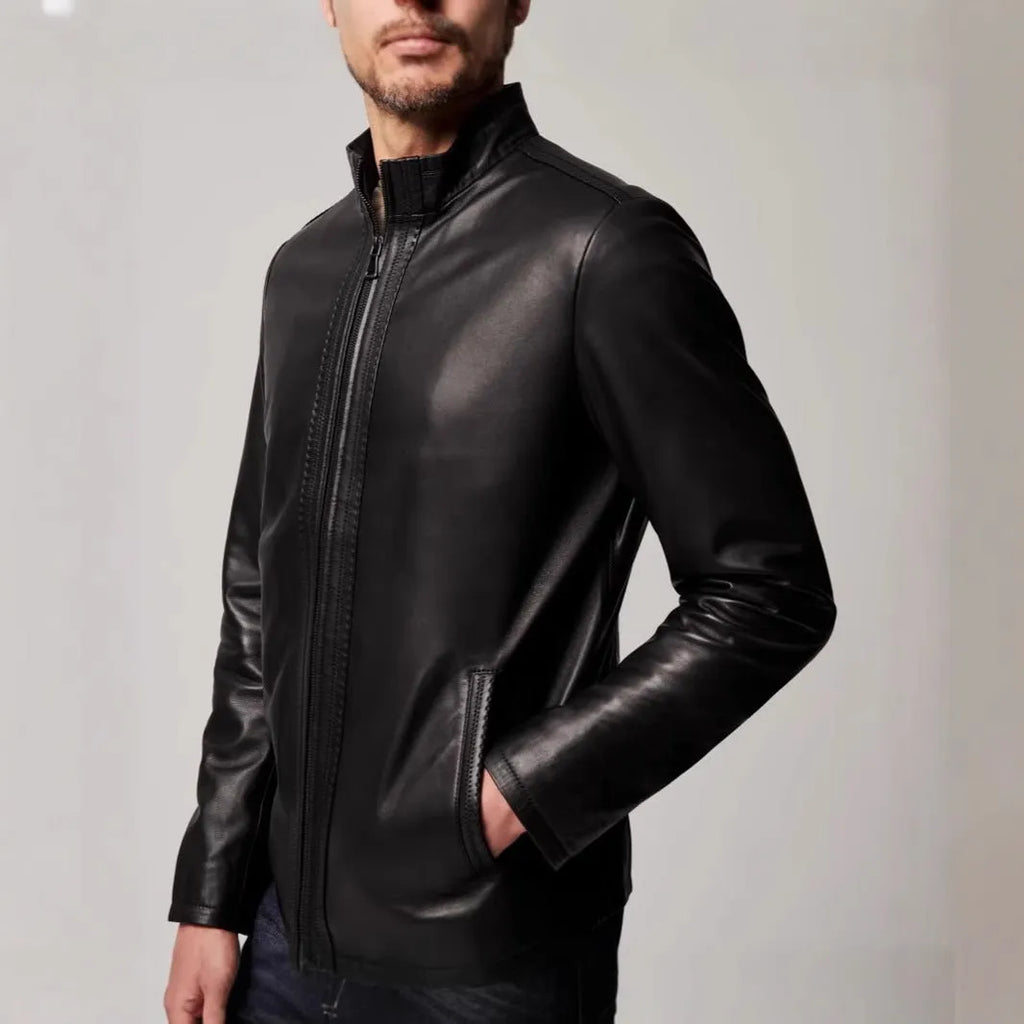 Men's retro black polyester fibre leather-style jacket, regular fit, long sleeves, straight hem, front view