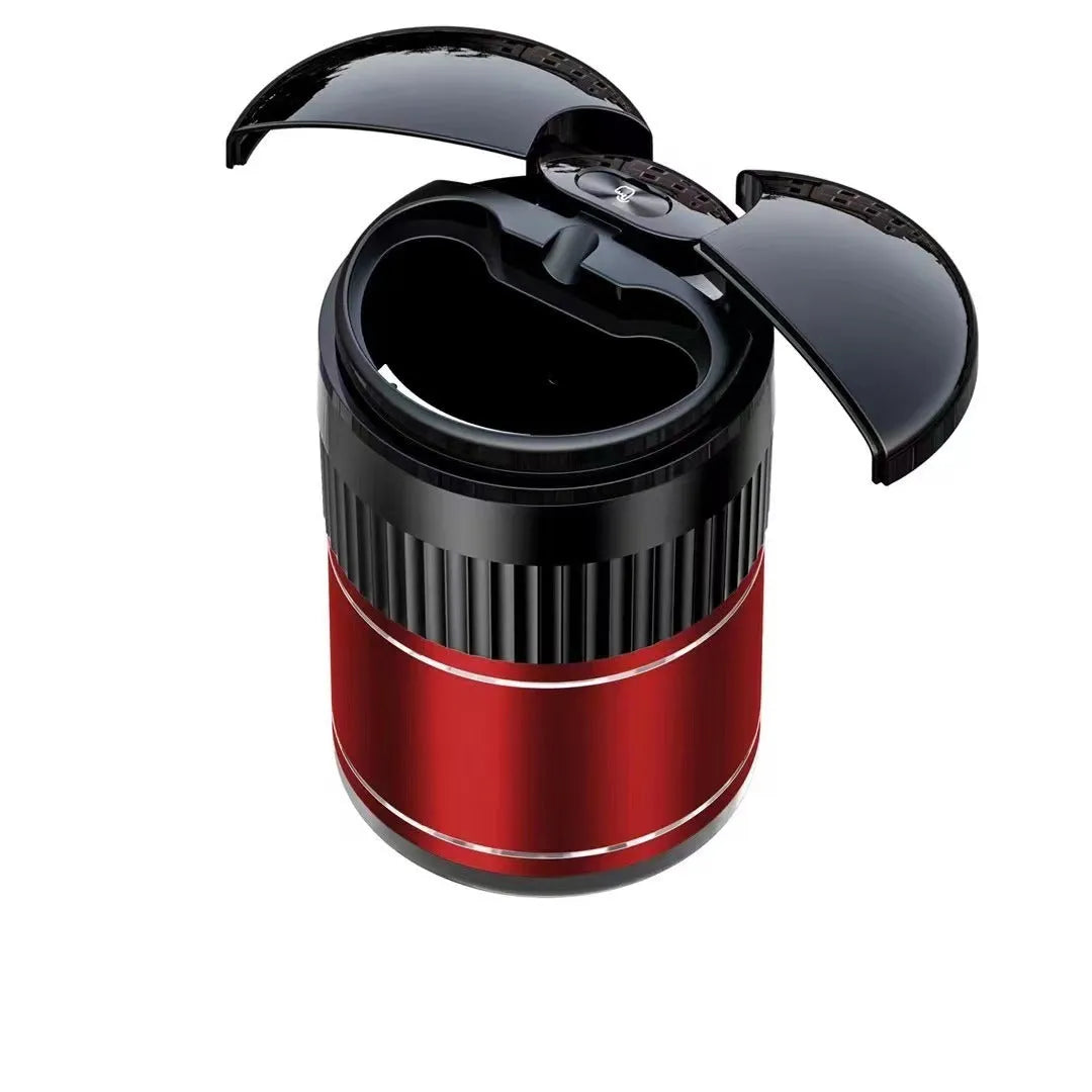 Automatic metal car ashtray with lid showing black, green, red, and silver colour options.