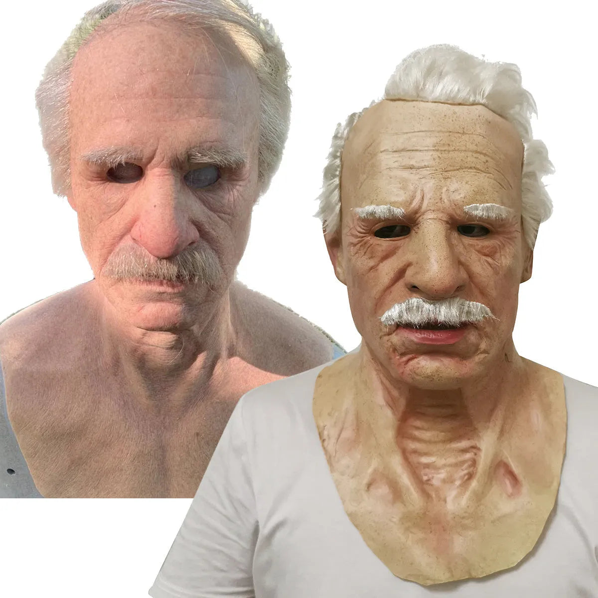 Latex Halloween old man mask with white hair and white beard, curly hair style on display