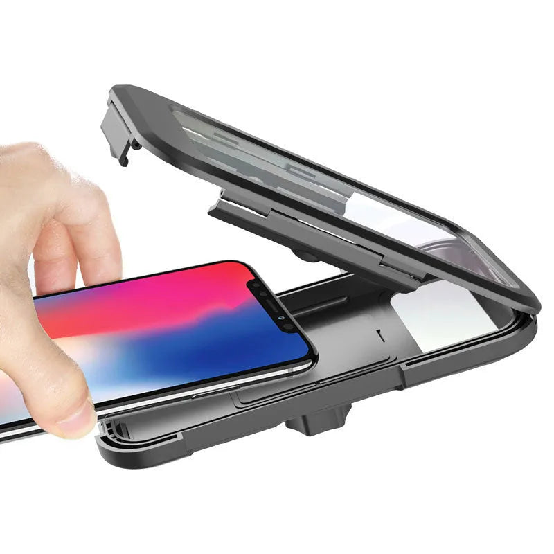 Adjustable waterproof bicycle phone holder mount in black, holding a smartphone on a handlebar with magnetic suction and 360-degree rotation