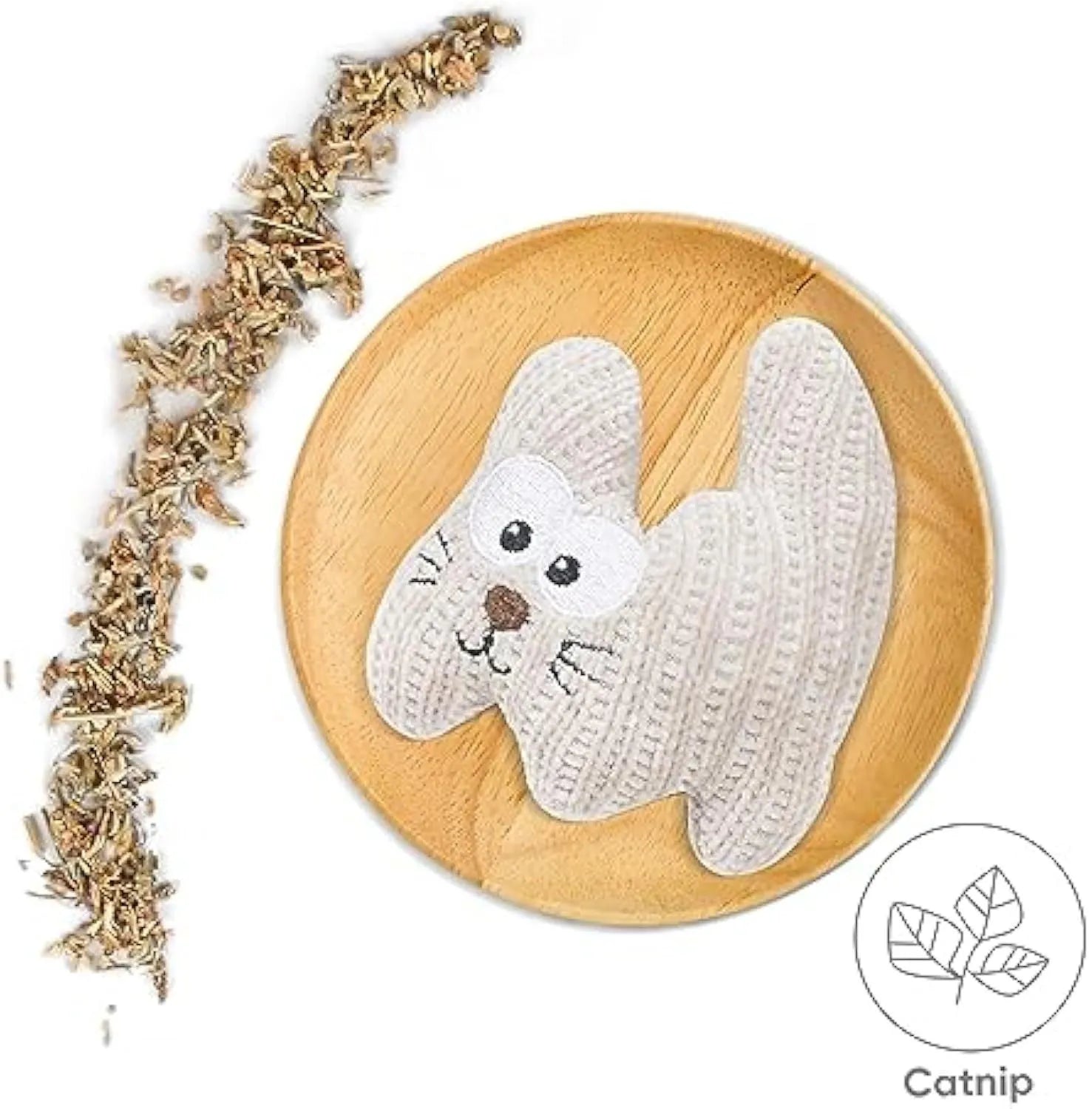 Cyan knitted plush catnip toy with bell, sized 12 by 11 centimetres.