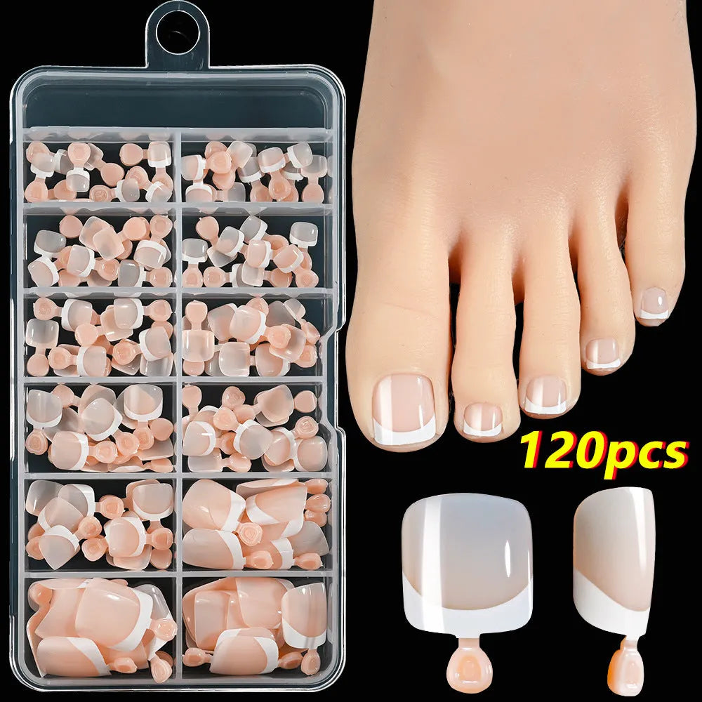 120 piece French white edge false toe nails in nude colours, full square short shape.