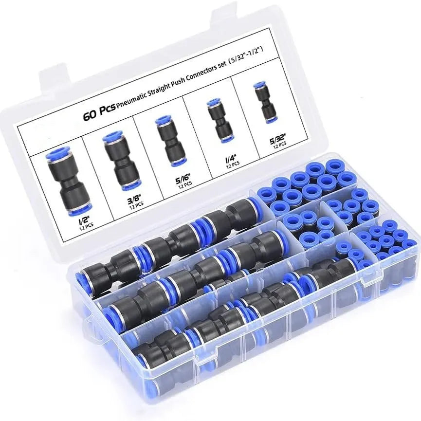 60-piece assortment of grey alloy plastic pneumatic push-in connectors with R1/4 and R1/2 threads